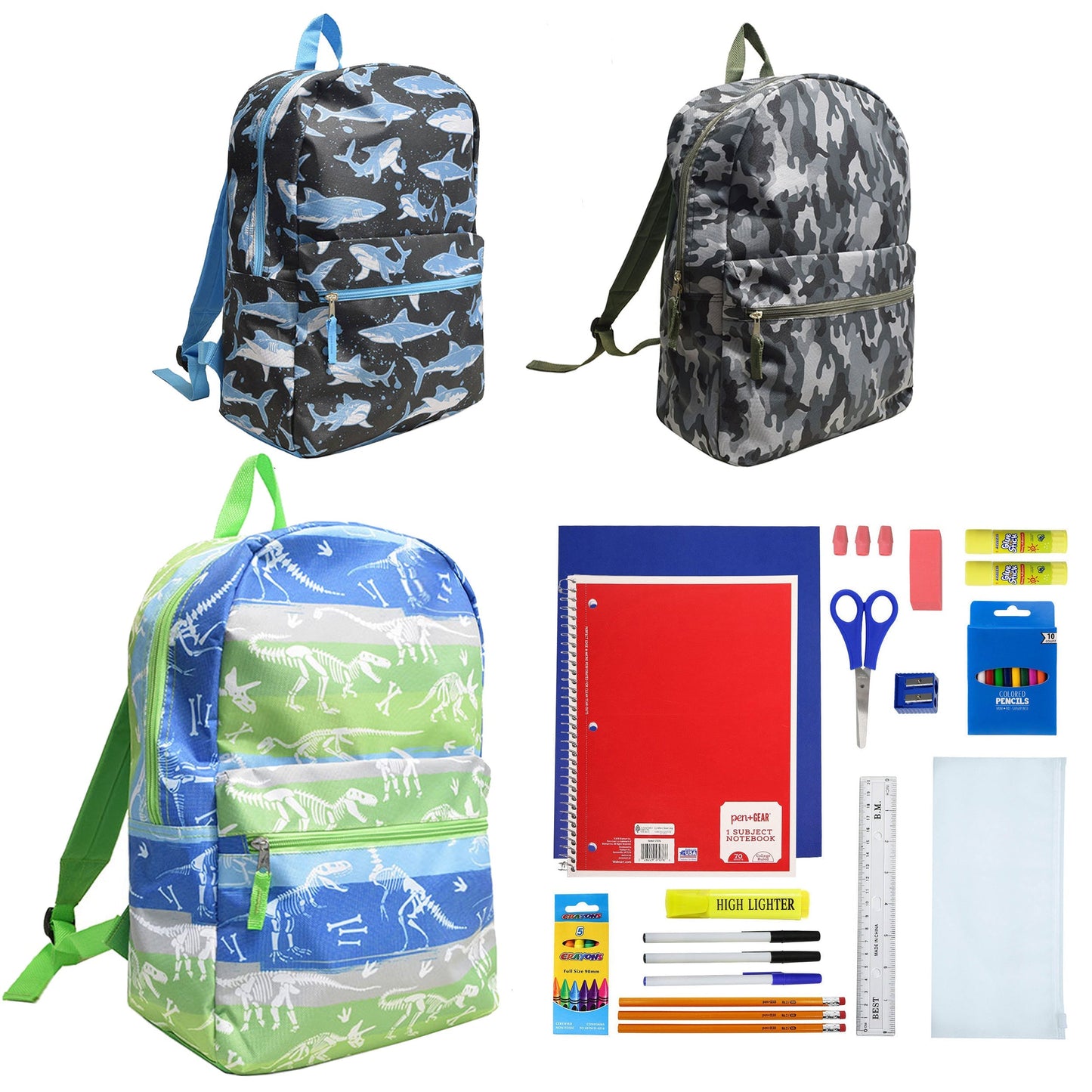 12 Großhandels-17-Charakter-Rucksäcke für Jungen & 12 Bulk School Supply Kits Ihrer Wahl