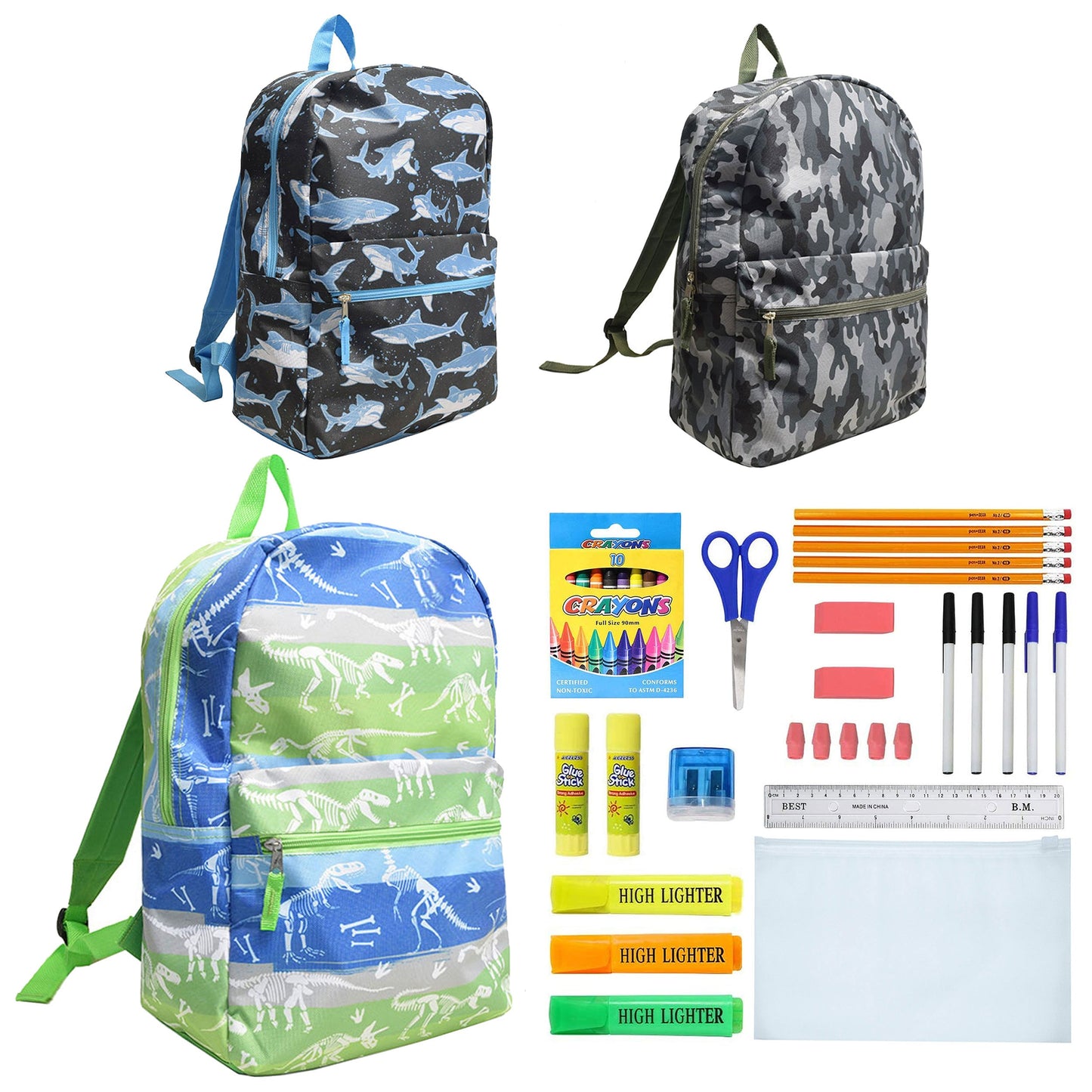 12 Großhandels-17-Charakter-Rucksäcke für Jungen & 12 Bulk School Supply Kits Ihrer Wahl