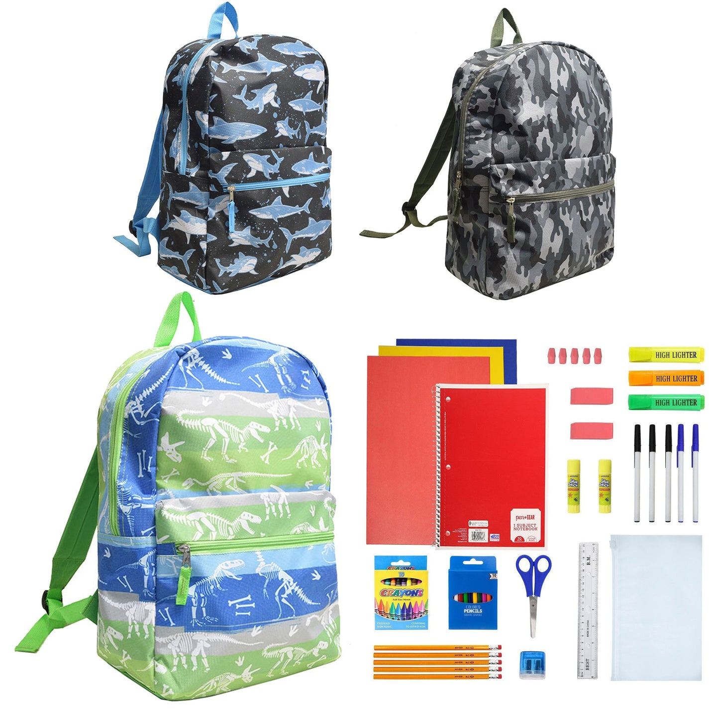 12 Großhandels-17-Charakter-Rucksäcke für Jungen & 12 Bulk School Supply Kits Ihrer Wahl