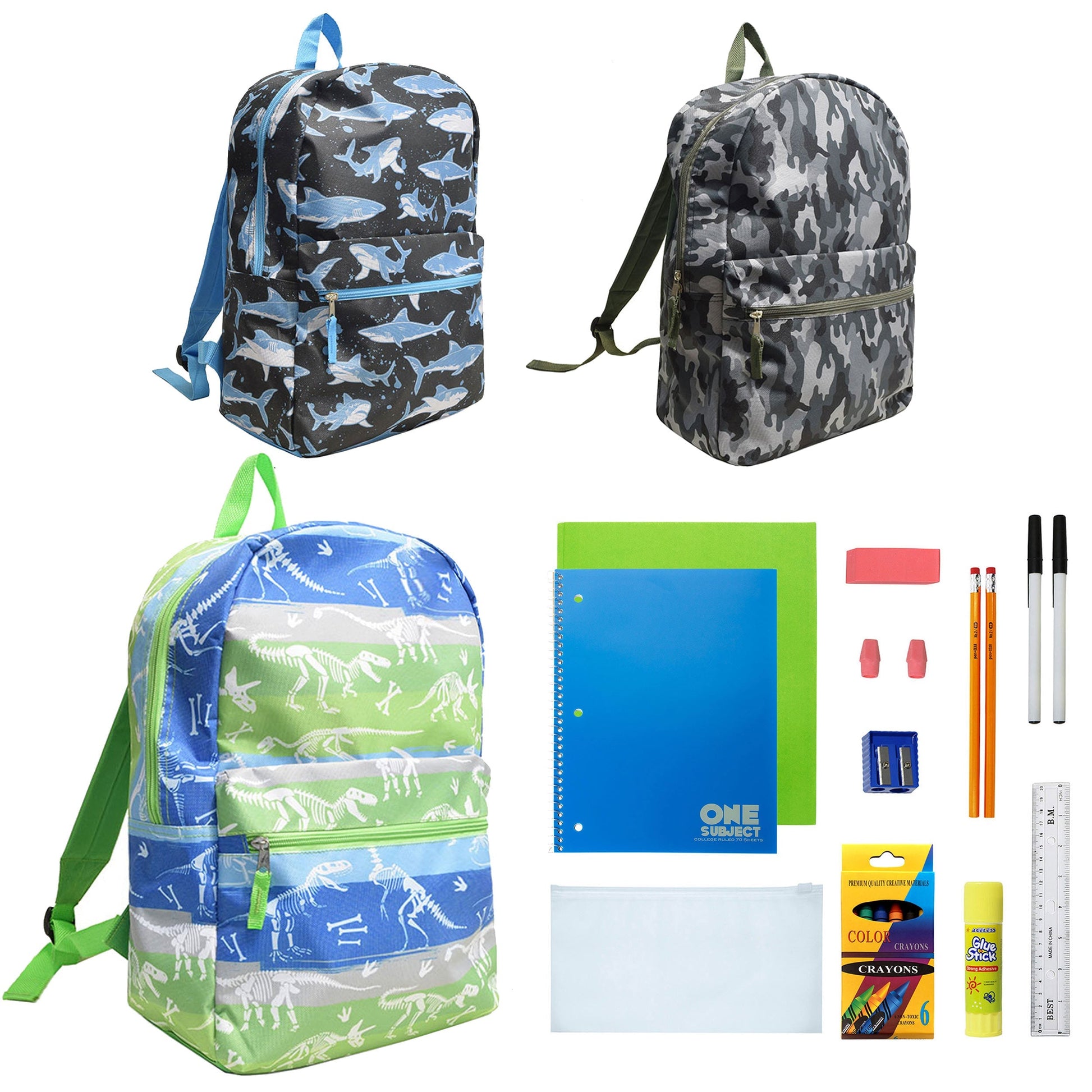 12 Großhandels-17-Charakter-Rucksäcke für Jungen & 12 Bulk School Supply Kits Ihrer Wahl