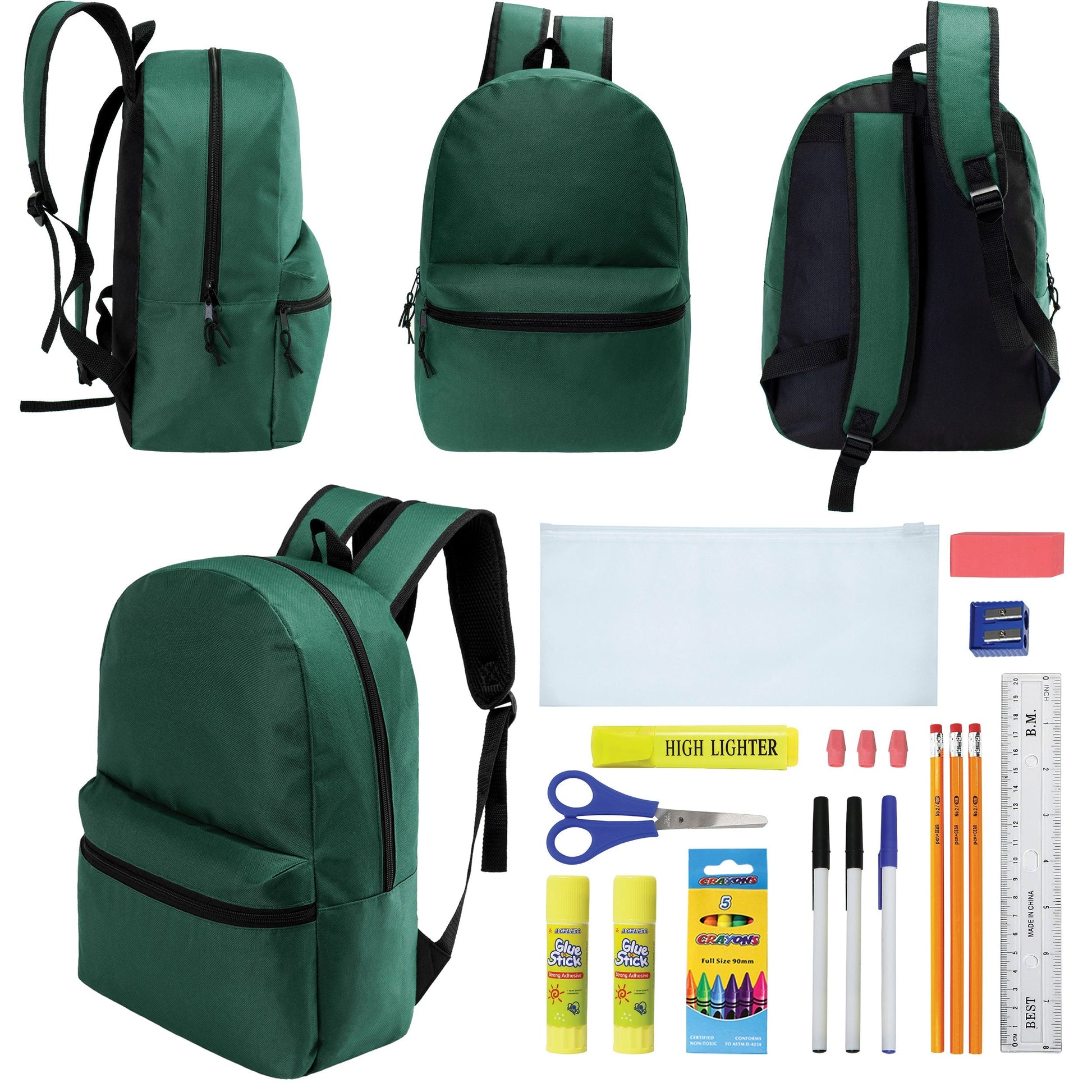 12 Wholesale 17 'Basic Rucksäcke in Dark Grün & 12 Bulk School Supply Kits Ihrer Wahl