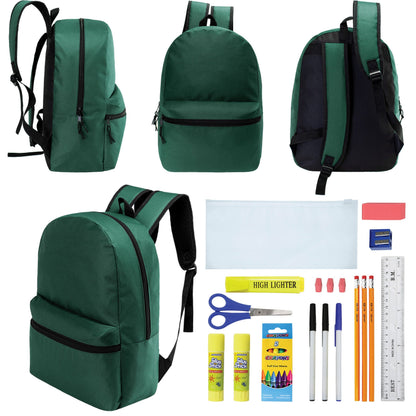 12 Wholesale 17 'Basic Rucksäcke in Dark Grün & 12 Bulk School Supply Kits Ihrer Wahl