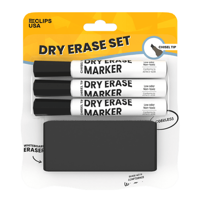 Wholesale Dry Erase Marker - 3er-Set Chisel-Tip Marker w / Eraser in Schwarz - Bulk Case von 40 Sets