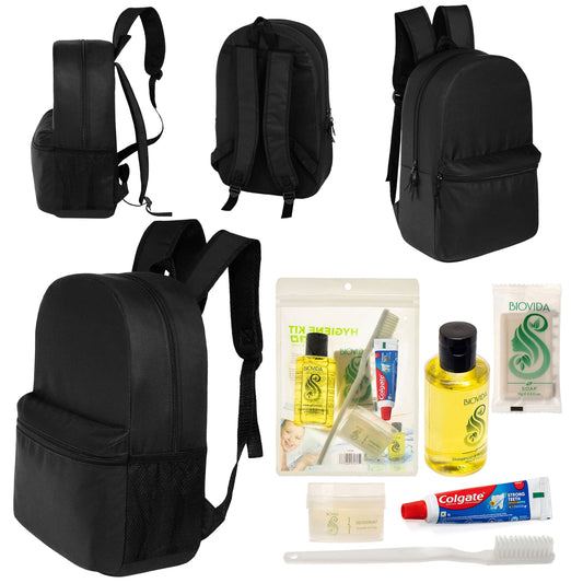 12 Basic 18,5 'Rucksäcke in Schwarz & Ihre Wahl von 12 Bulk Hygiene Kits - Wholesale PFLEGE Package: Obdachlos, Notfall, Wohltätigkeit