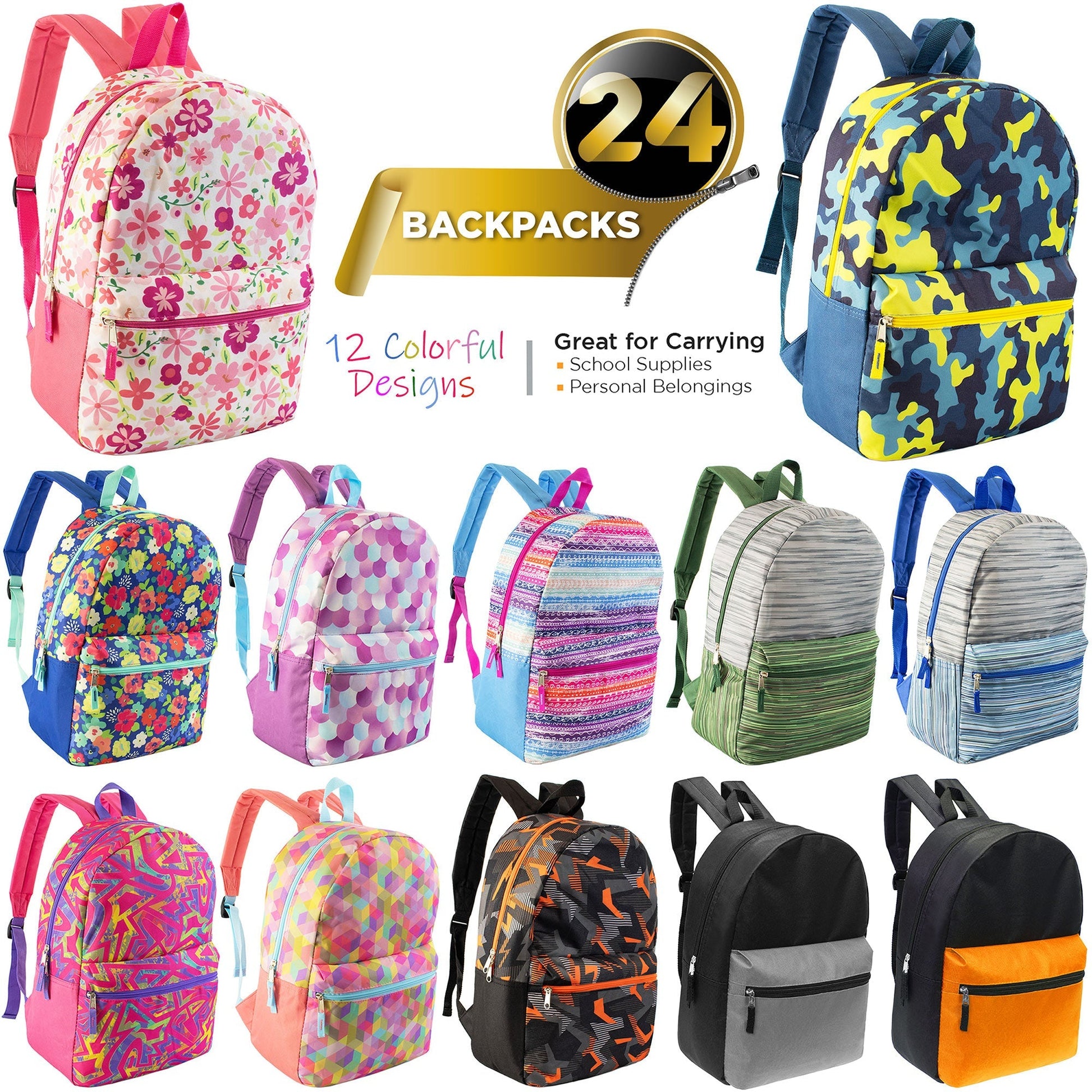 17' Wholesale Rucksäcke in 12 verschiedenen Drucken und Farben - Bulk Case von 24 Rucksäcken