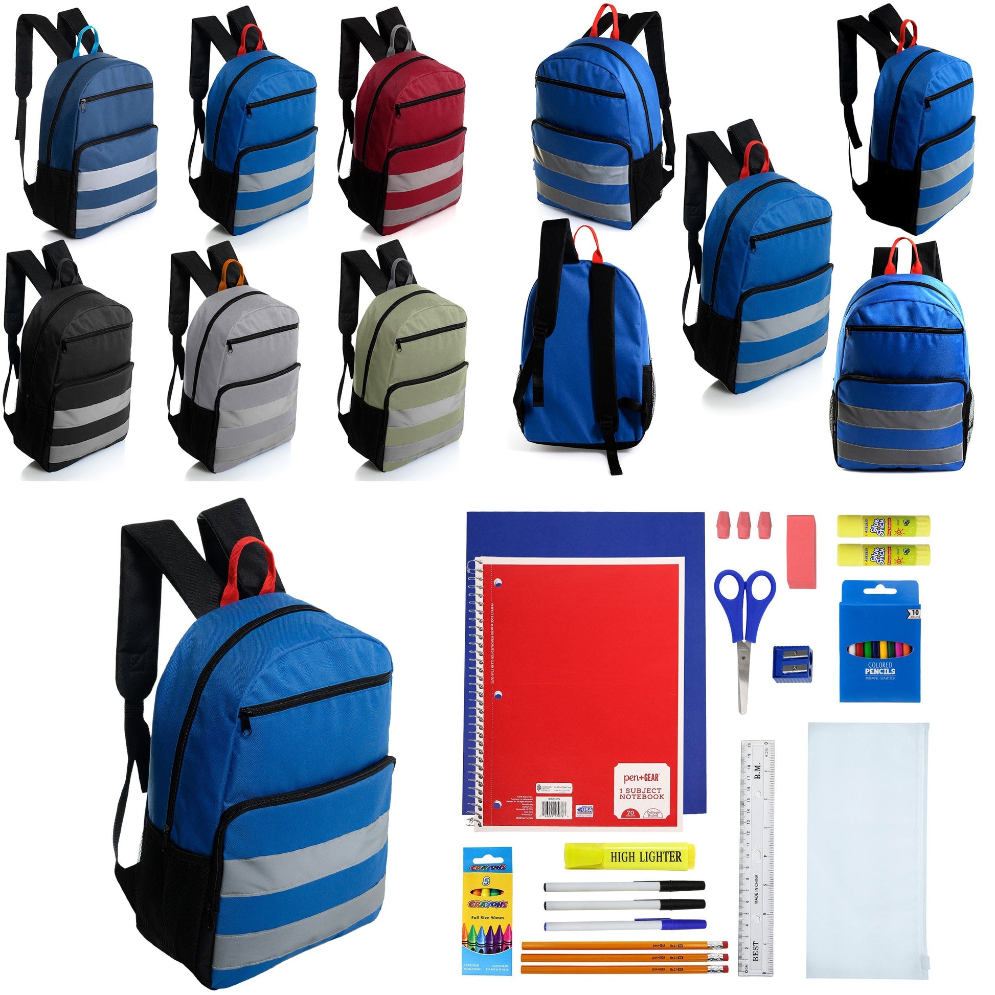 12 Großhandels-17' Reflektierende Rucksäcke in verschiedenen Farben & 12 Bulk School Supply Kits Ihrer Wahl