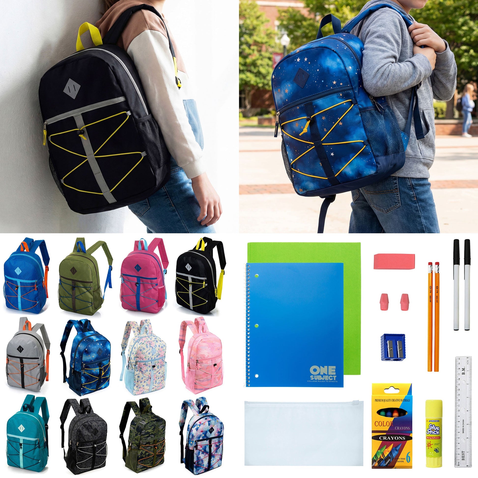 12 Großhandels-17' Bungee-Rucksack in 12 Farben & 12 Bulk School Supply Kits Ihrer Wahl