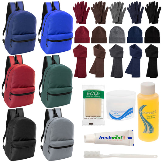 12 Basic 17 'Rucksäcke in 6 Farben, 12 Winterartikel-Sets und Ihre Wahl von 12 Bulk Hygiene Kits - Großhandels-Obdachlosenpflegepaket